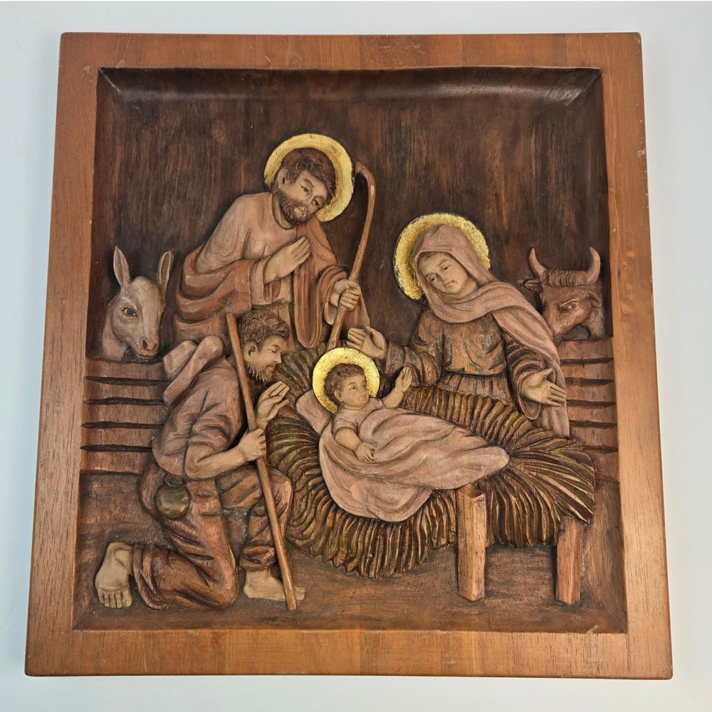 Vintage Peruvian Hand Carved Cedar Wood Holy Family Relief Ramirez Montalvo 15"